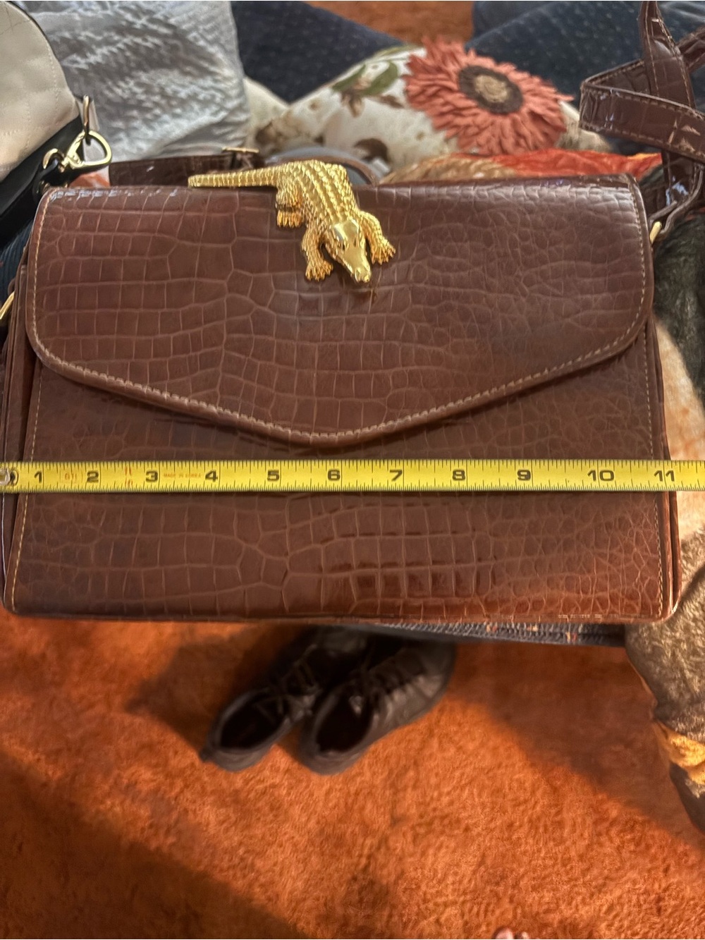 Cognac Croc-Embossed Leather Clutch with Gold Crocodile Accent